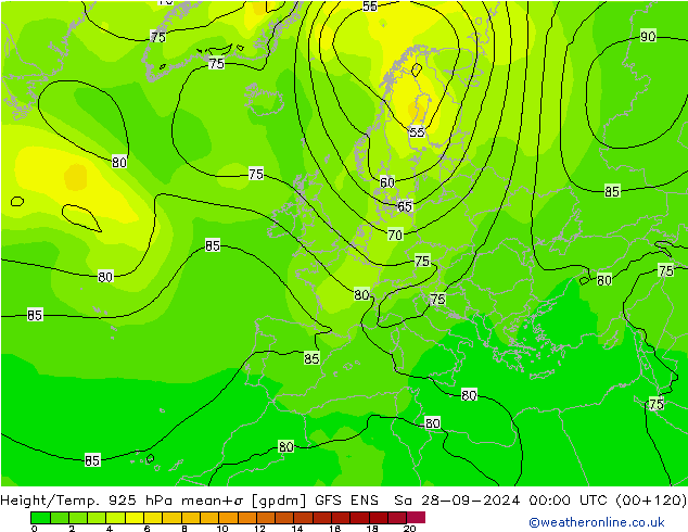 Hoogte/Temp. 925 hPa GFS ENS za 28.09.2024 00 UTC