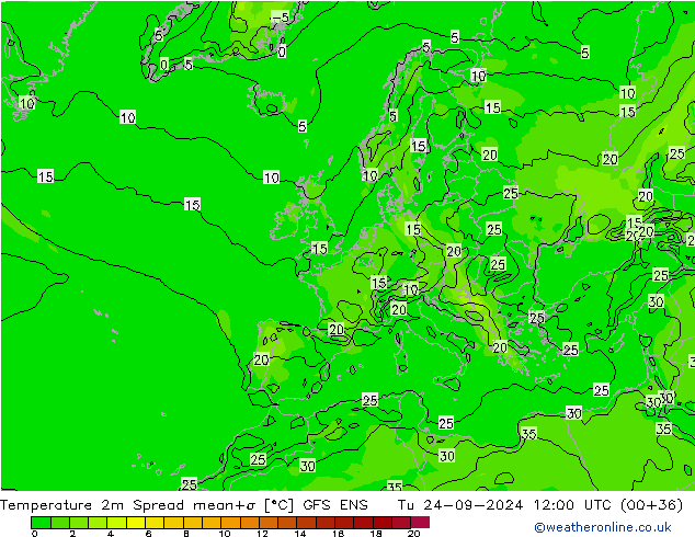 mapa temperatury 2m Spread GFS ENS wto. 24.09.2024 12 UTC