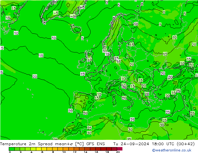 mapa temperatury 2m Spread GFS ENS wto. 24.09.2024 18 UTC