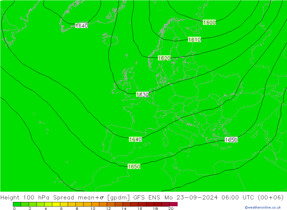 Height 100 hPa Spread GFS ENS 星期一 23.09.2024 06 UTC