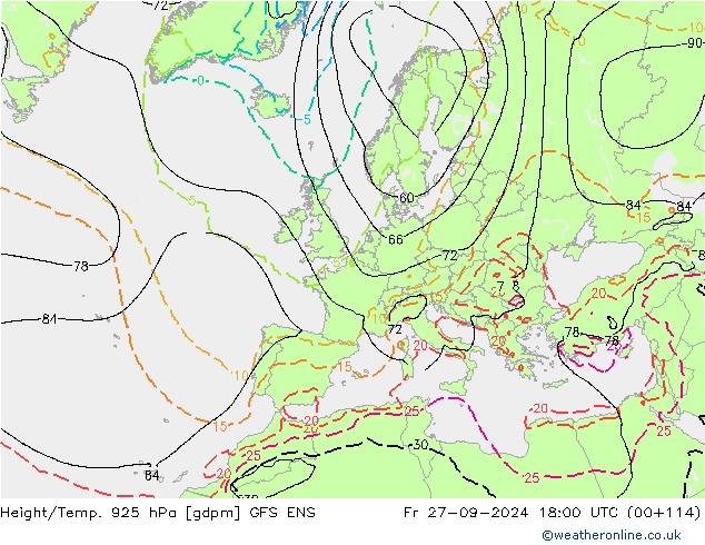 Height/Temp. 925 hPa GFS ENS Fr 27.09.2024 18 UTC