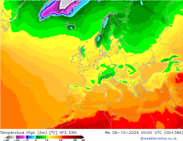 température 2m max GFS ENS mer 09.10.2024 00 UTC