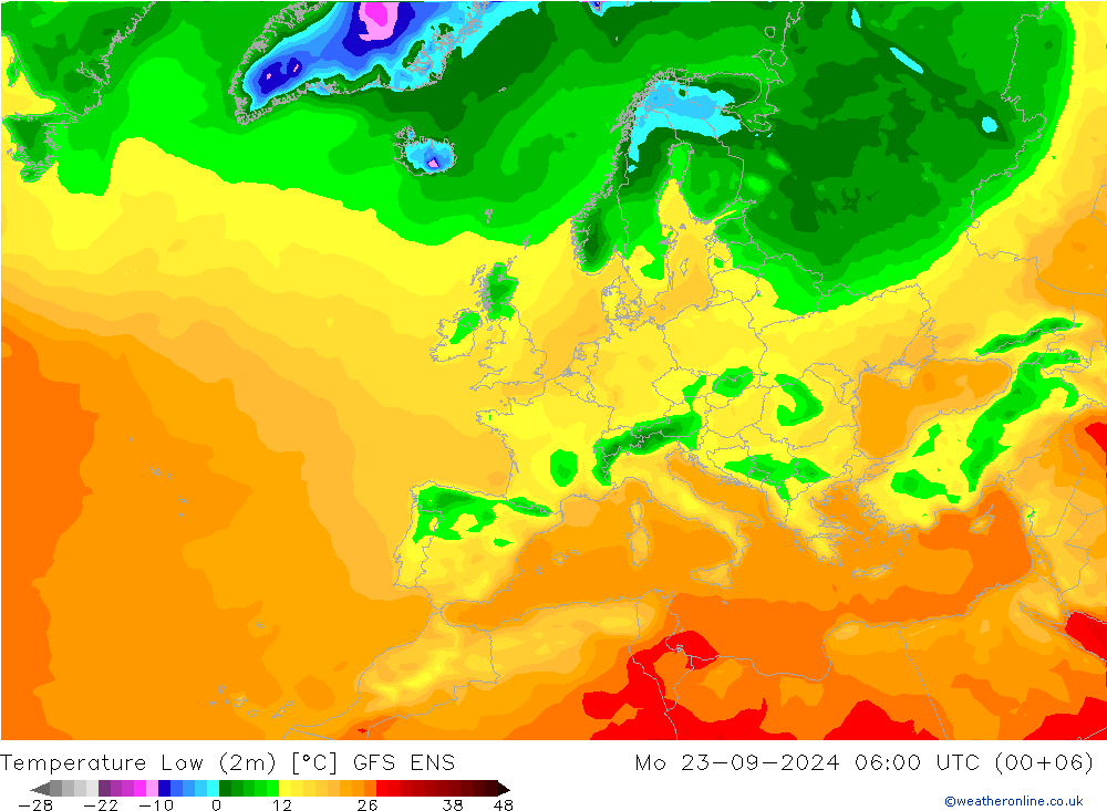 Nejnižší teplota (2m) GFS ENS Po 23.09.2024 06 UTC