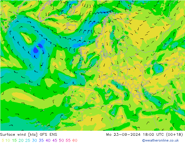 Vento 10 m GFS ENS lun 23.09.2024 18 UTC