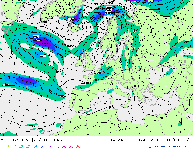 Viento 925 hPa GFS ENS mar 24.09.2024 12 UTC