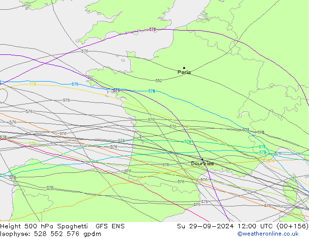 Height 500 hPa Spaghetti GFS ENS Su 29.09.2024 12 UTC