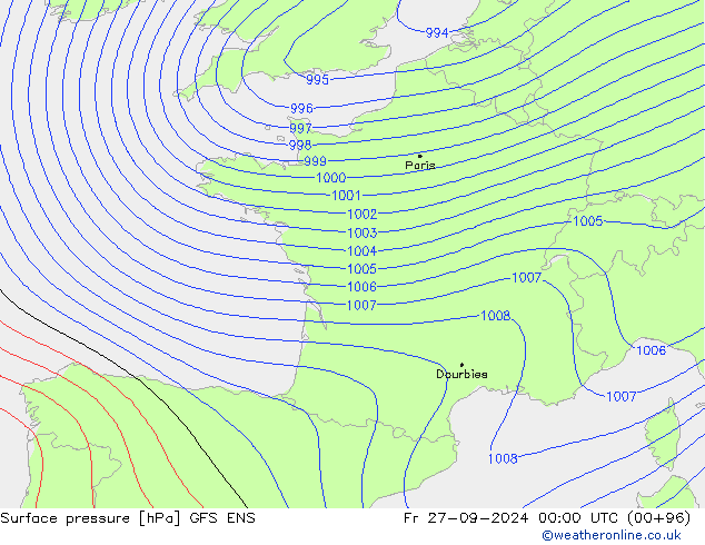 Presión superficial GFS ENS vie 27.09.2024 00 UTC