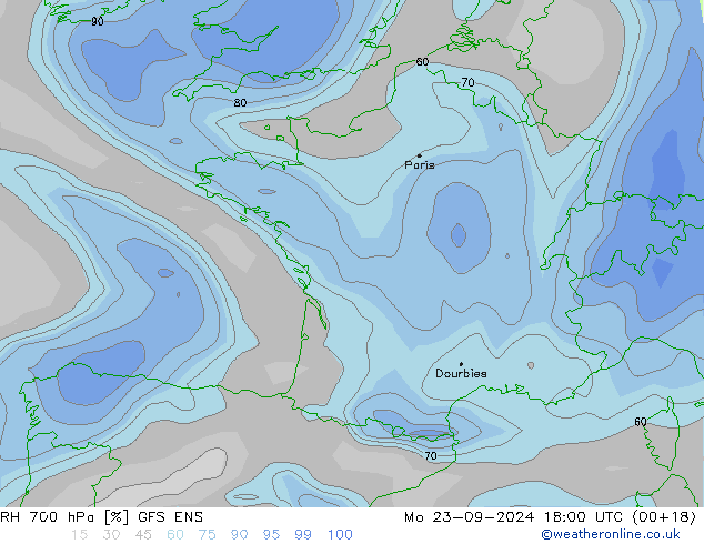 RH 700 hPa GFS ENS Mo 23.09.2024 18 UTC