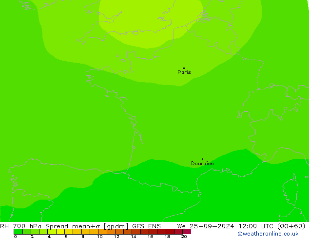 Humedad rel. 700hPa Spread GFS ENS mié 25.09.2024 12 UTC