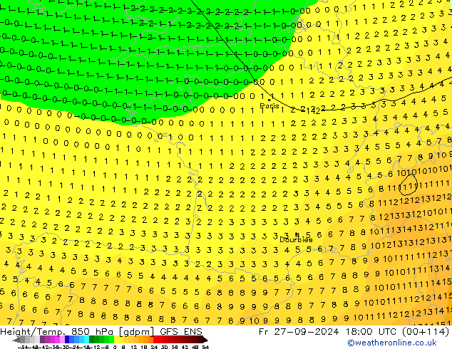 Hoogte/Temp. 850 hPa GFS ENS vr 27.09.2024 18 UTC