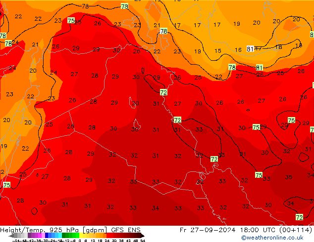 Hoogte/Temp. 925 hPa GFS ENS vr 27.09.2024 18 UTC