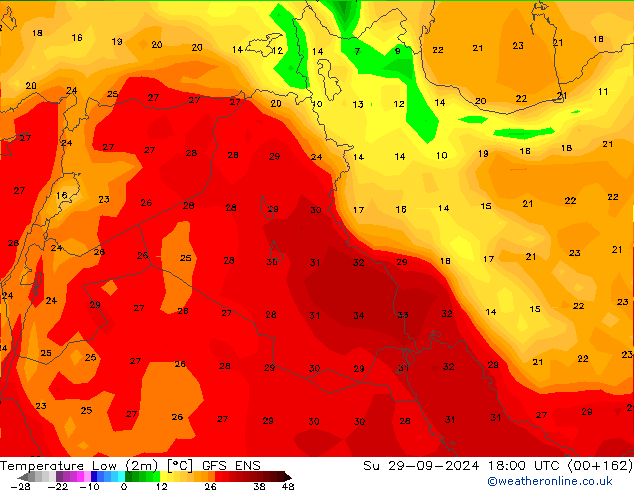 Temp. minima (2m) GFS ENS dom 29.09.2024 18 UTC