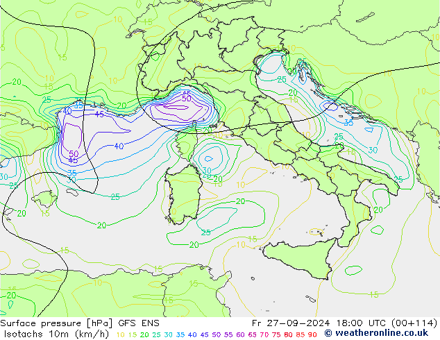 Isotachs (kph) GFS ENS ven 27.09.2024 18 UTC