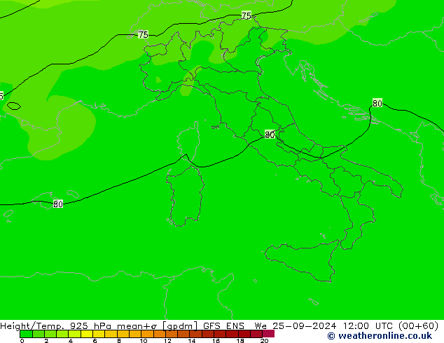 Height/Temp. 925 hPa GFS ENS śro. 25.09.2024 12 UTC