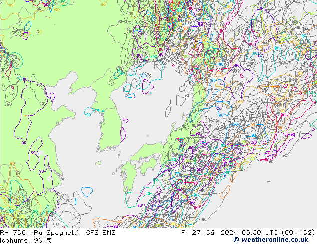 RH 700 hPa Spaghetti GFS ENS Fr 27.09.2024 06 UTC