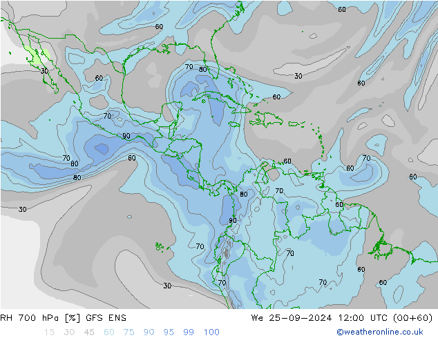 Humidité rel. 700 hPa GFS ENS mer 25.09.2024 12 UTC