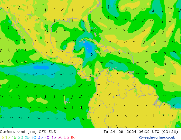 wiatr 10 m GFS ENS wto. 24.09.2024 06 UTC