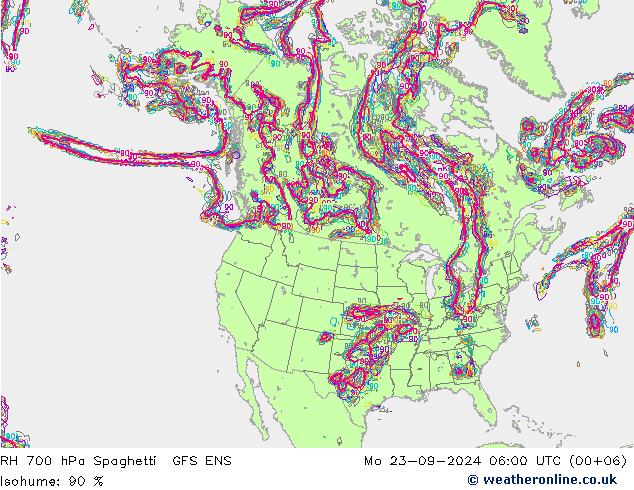 RH 700 hPa Spaghetti GFS ENS lun 23.09.2024 06 UTC