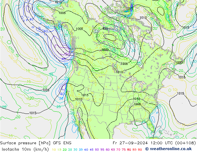 Isotachs (kph) GFS ENS  27.09.2024 12 UTC