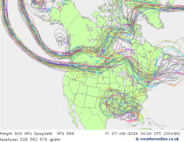 Height 500 hPa Spaghetti GFS ENS Fr 27.09.2024 00 UTC