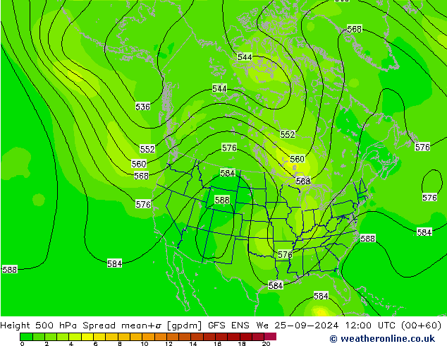 Height 500 hPa Spread GFS ENS mer 25.09.2024 12 UTC