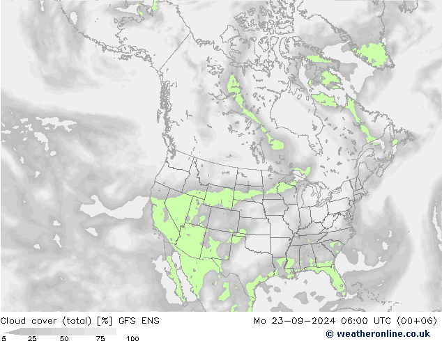 Cloud cover (total) GFS ENS Mo 23.09.2024 06 UTC