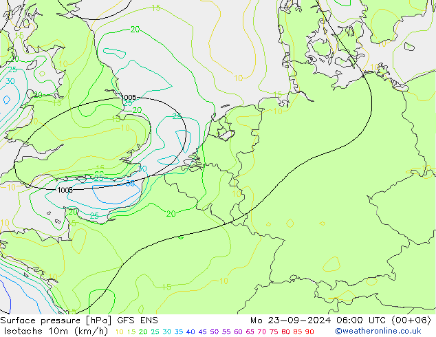 Isotachs (kph) GFS ENS Mo 23.09.2024 06 UTC