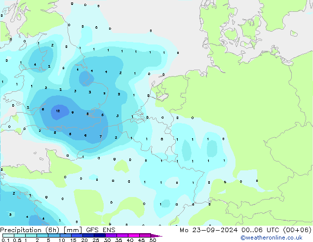 降水量 (6h) GFS ENS 星期一 23.09.2024 06 UTC