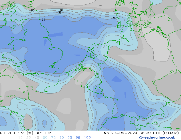 RH 700 hPa GFS ENS lun 23.09.2024 06 UTC