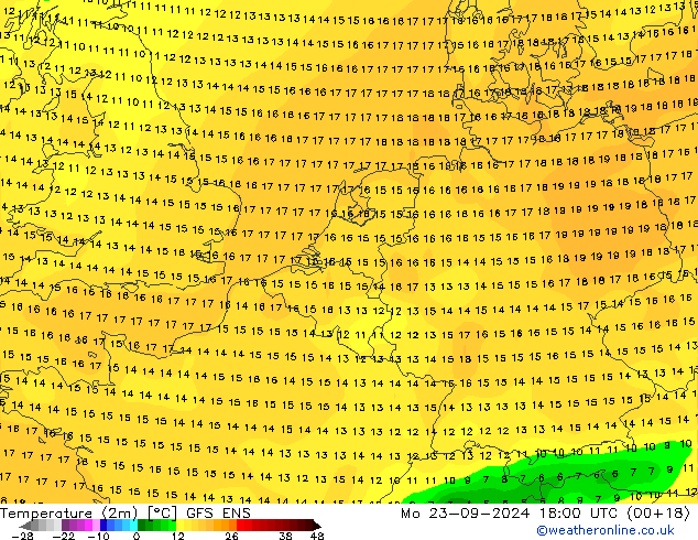 Temperature (2m) GFS ENS Mo 23.09.2024 18 UTC