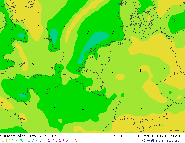 wiatr 10 m GFS ENS wto. 24.09.2024 06 UTC