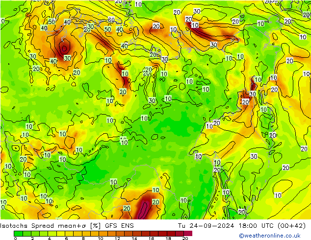 Isotachs Spread GFS ENS Út 24.09.2024 18 UTC