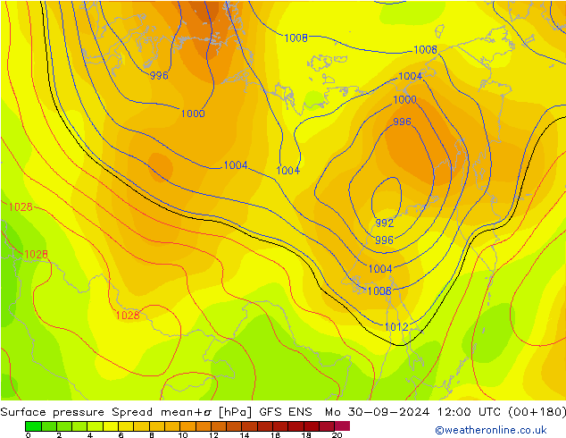 Pressione al suolo Spread GFS ENS lun 30.09.2024 12 UTC