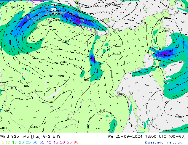 ветер 925 гПа GFS ENS ср 25.09.2024 18 UTC