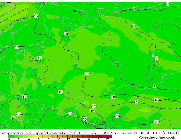 Temperatura 2m Spread GFS ENS Qua 25.09.2024 00 UTC