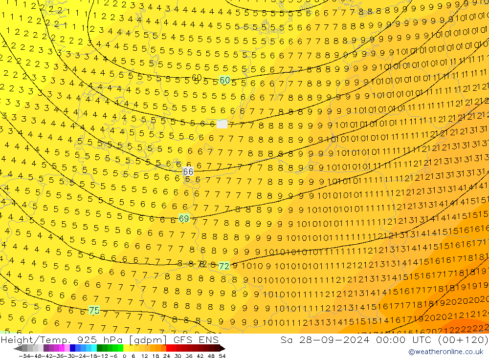 Height/Temp. 925 hPa GFS ENS Sa 28.09.2024 00 UTC