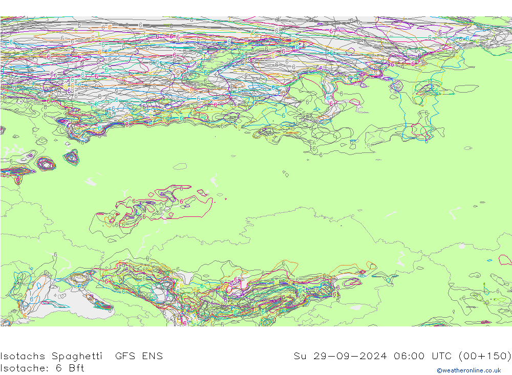 Isotachen Spaghetti GFS ENS zo 29.09.2024 06 UTC