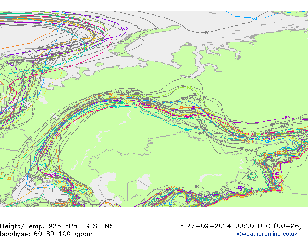 Hoogte/Temp. 925 hPa GFS ENS vr 27.09.2024 00 UTC