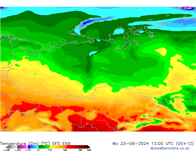 Temperatuurkaart (2m) GFS ENS ma 23.09.2024 12 UTC