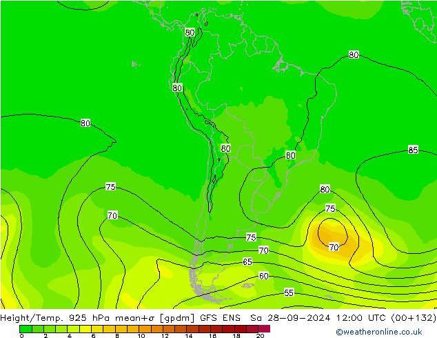 Height/Temp. 925 hPa GFS ENS Sa 28.09.2024 12 UTC