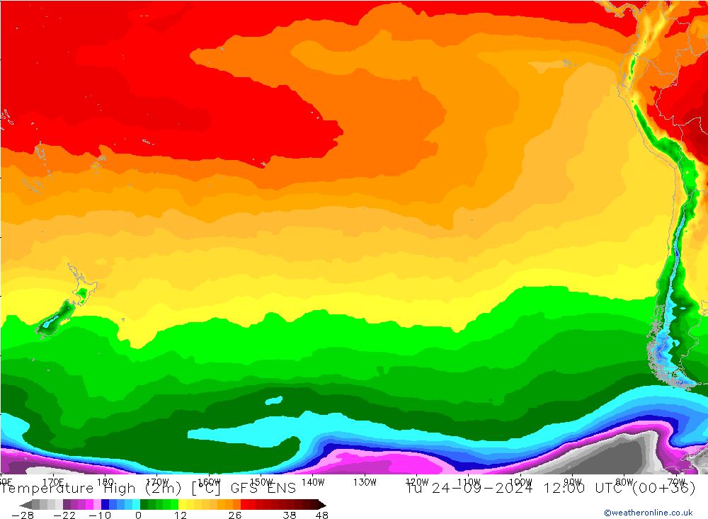 Nejvyšší teplota (2m) GFS ENS Út 24.09.2024 12 UTC