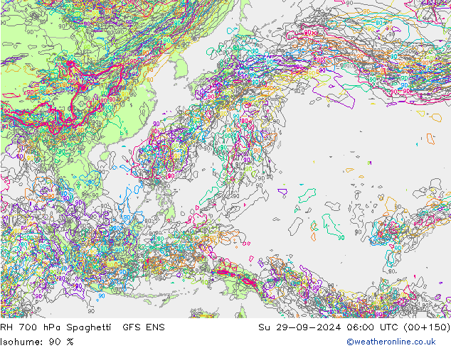 RH 700 hPa Spaghetti GFS ENS Su 29.09.2024 06 UTC