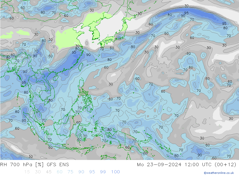 RH 700 hPa GFS ENS Mo 23.09.2024 12 UTC