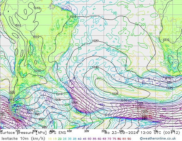 Isotachs (kph) GFS ENS Mo 23.09.2024 12 UTC