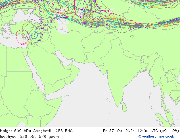 Height 500 hPa Spaghetti GFS ENS Pá 27.09.2024 12 UTC