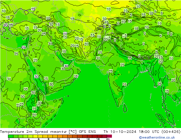 Temperature 2m Spread GFS ENS Čt 10.10.2024 18 UTC