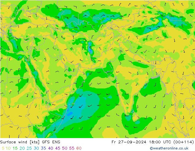 wiatr 10 m GFS ENS pt. 27.09.2024 18 UTC