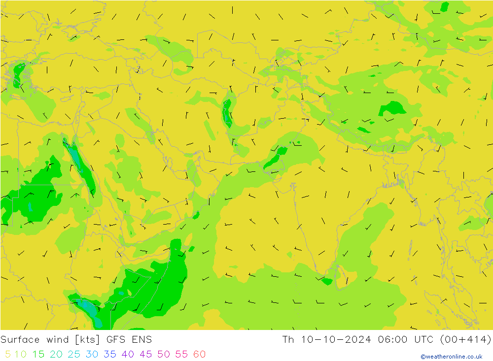 wiatr 10 m GFS ENS czw. 10.10.2024 06 UTC