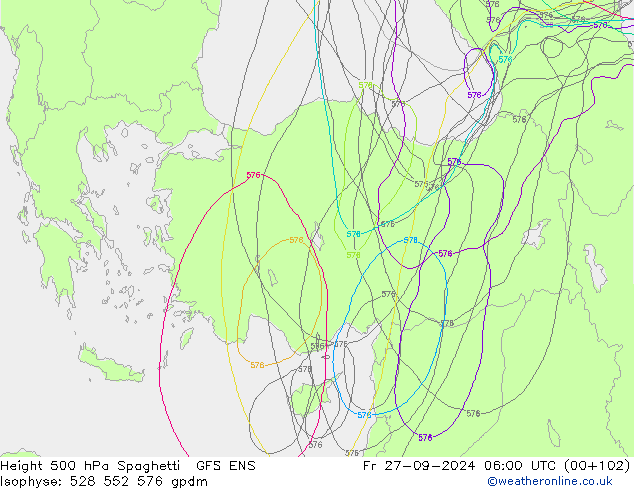 Height 500 hPa Spaghetti GFS ENS Fr 27.09.2024 06 UTC