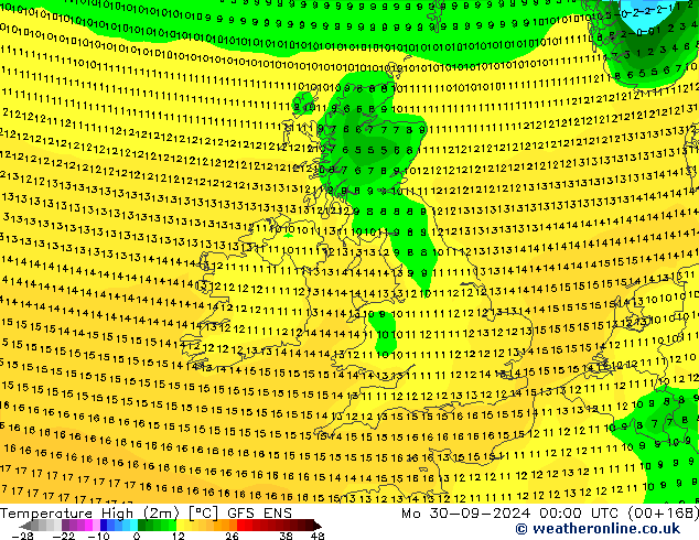 Max. Temperatura (2m) GFS ENS pon. 30.09.2024 00 UTC